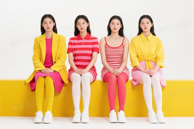 四位女性坐平台时尚穿搭图片