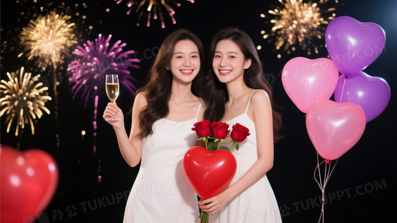 两位女性持香槟玫瑰与心形气球夜景图片