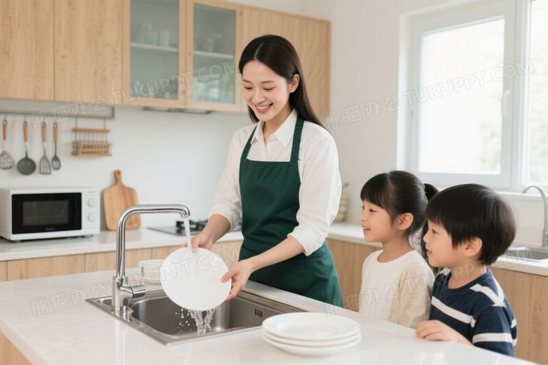 亚洲女性厨房洗碗儿童观看图片