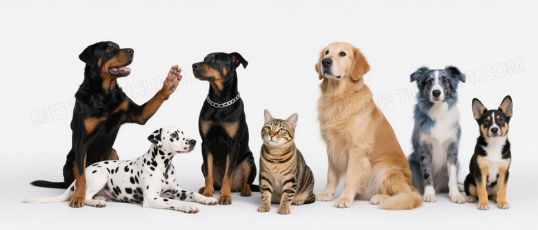九犬一猫并排坐姿高清图片