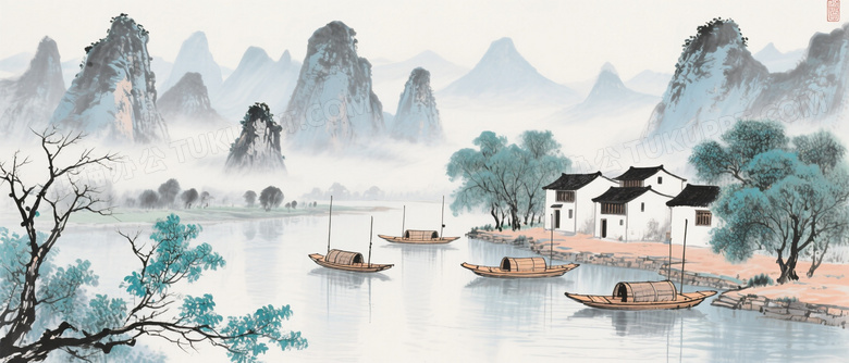 漓江峰林水乡水墨风景图片