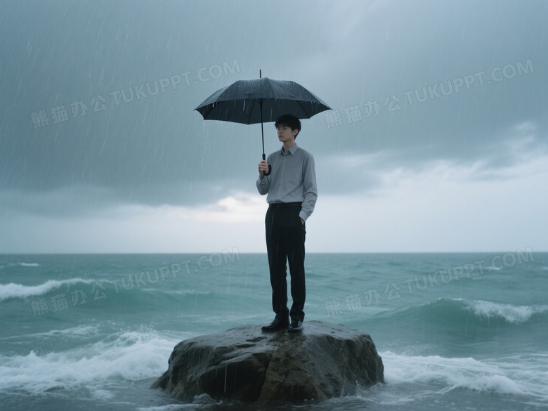 少年持伞立海岩雨中侧逆光图片