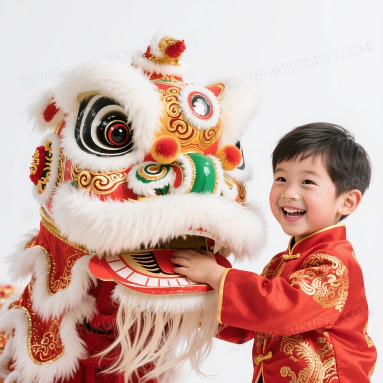 男孩与红金舞狮互动特写图片