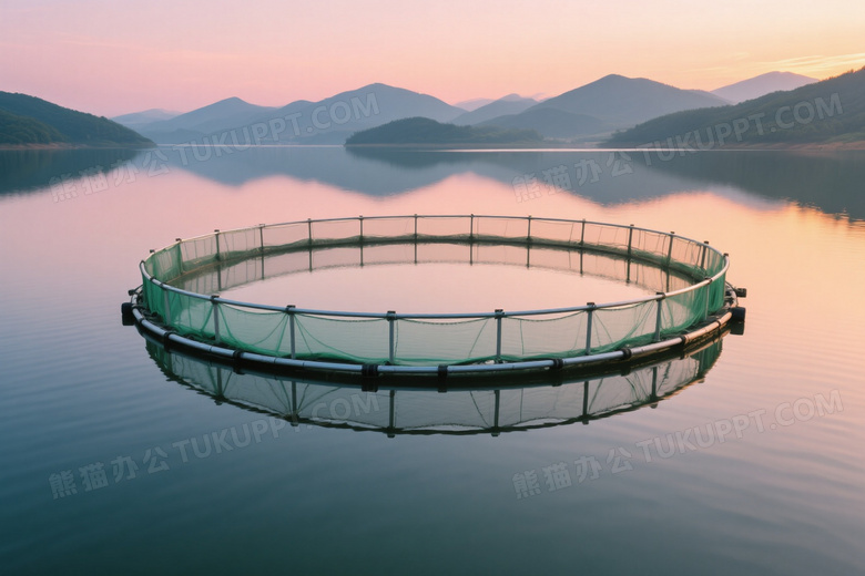 圆形网箱湖面漂浮日落图片