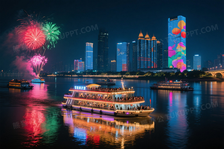 夜景长江游轮与城市天际线图片