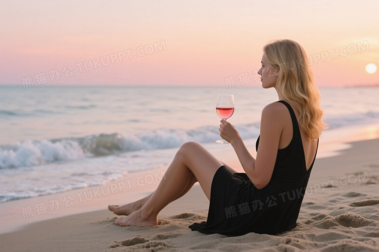 金发女性沙滩持酒望海侧逆光图片