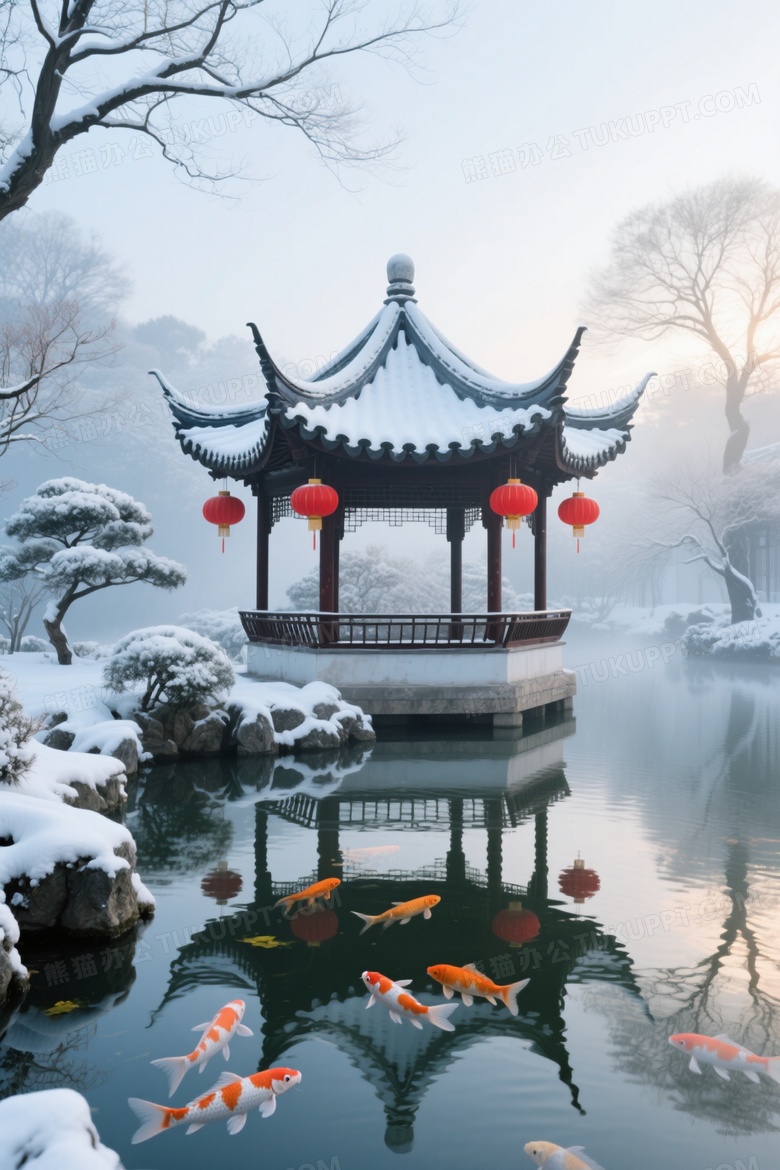 雪景园林六角亭锦鲤池图片