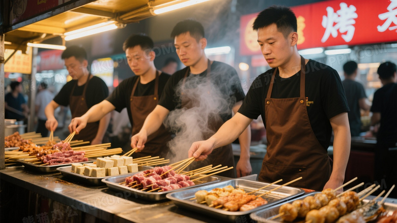 夜市烧烤摊厨师翻串特写图片