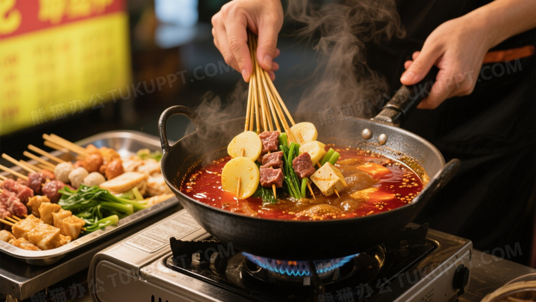 手串食材入锅麻辣烫特写图片