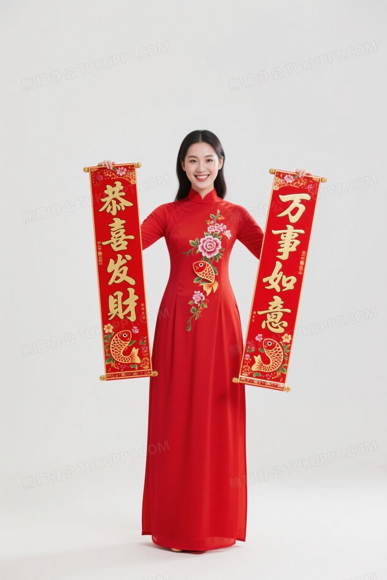 亚洲女性持春联微笑图片