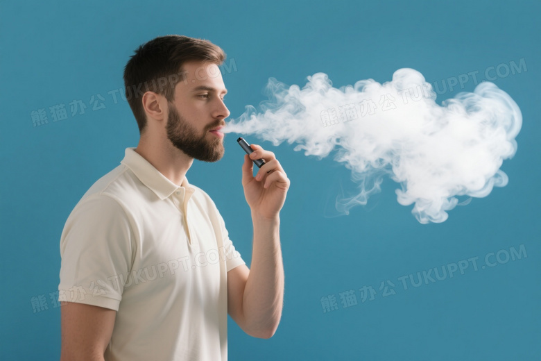 短发胡须男持电子烟呼蒸汽图片