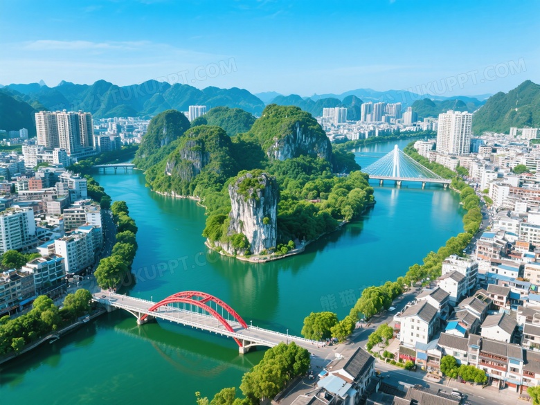 漓江环绕桂林城市俯拍图片