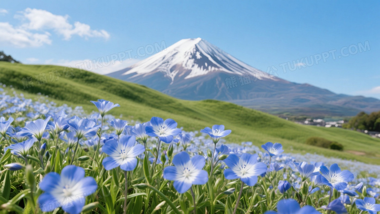 蓝粉蝶花前景富士山远景图片