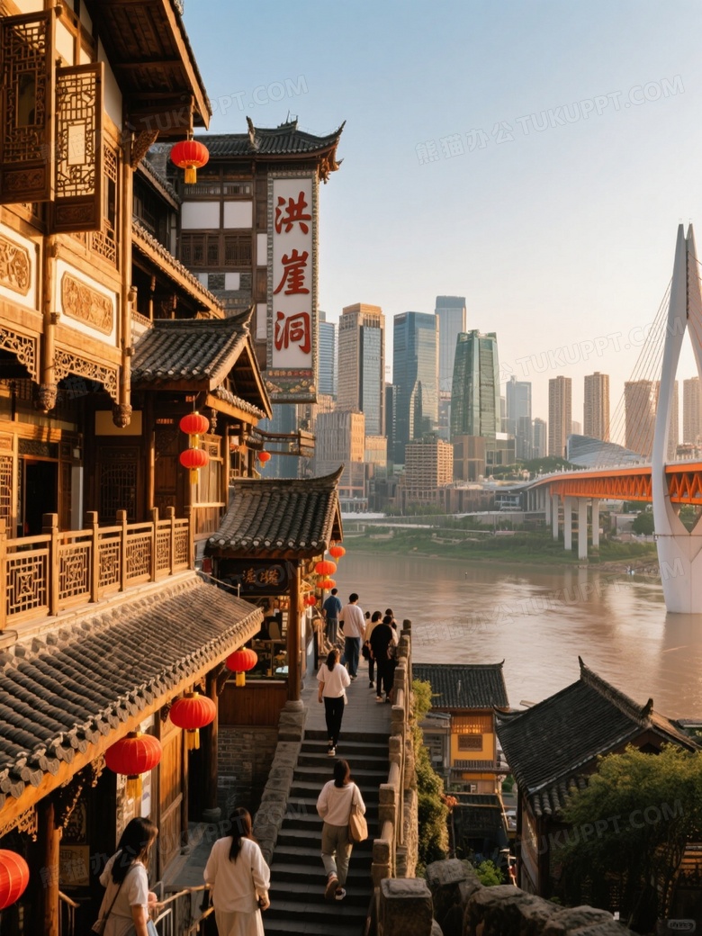 洪崖洞吊脚楼群侧逆光图片