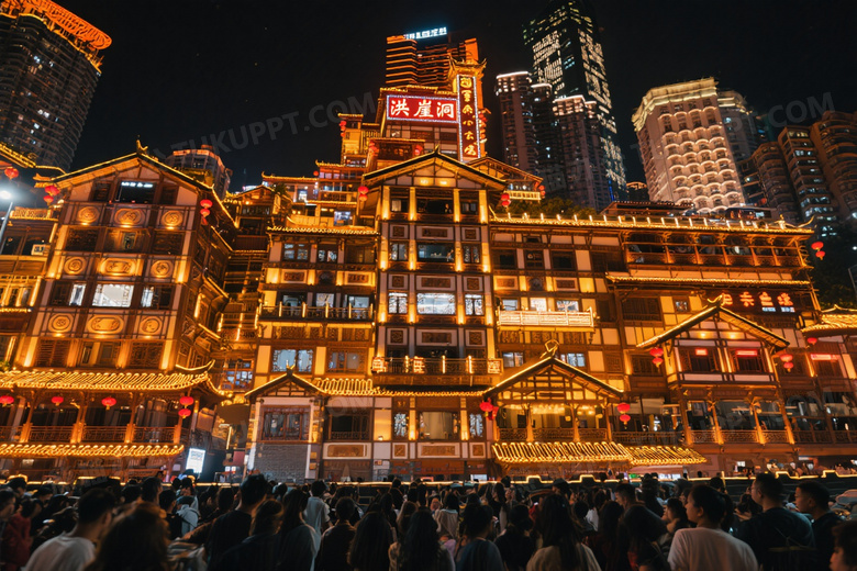 洪崖洞夜景吊脚楼灯火图片