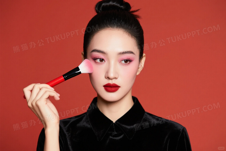 亚洲女性持化妆刷凝视镜头图片