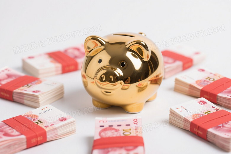 金色猪形存钱罐与百元钞票图片