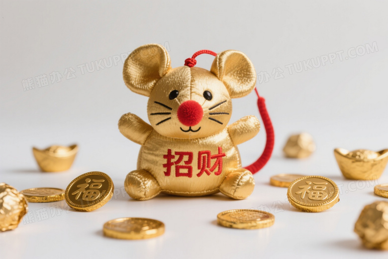 招财鼠玩偶与金箔巧克力摆拍图片