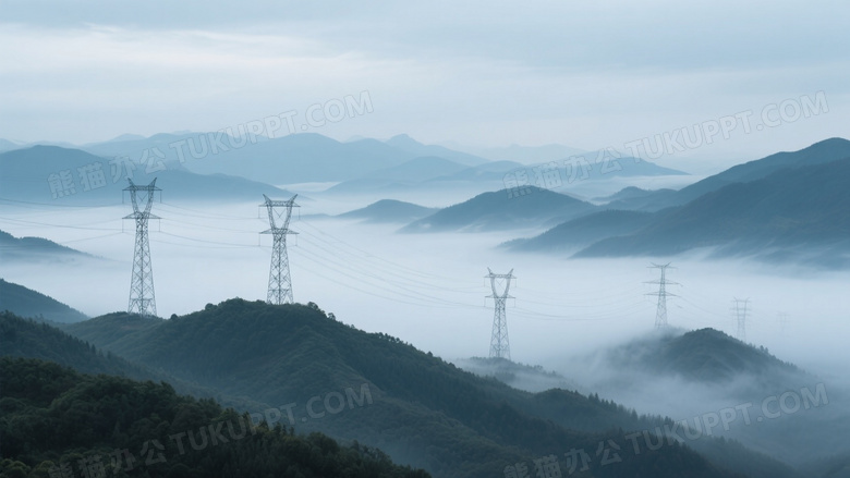 山峦薄雾中高压输电塔远景图片