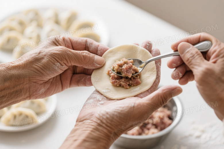 中老年人手包饺子特写图片