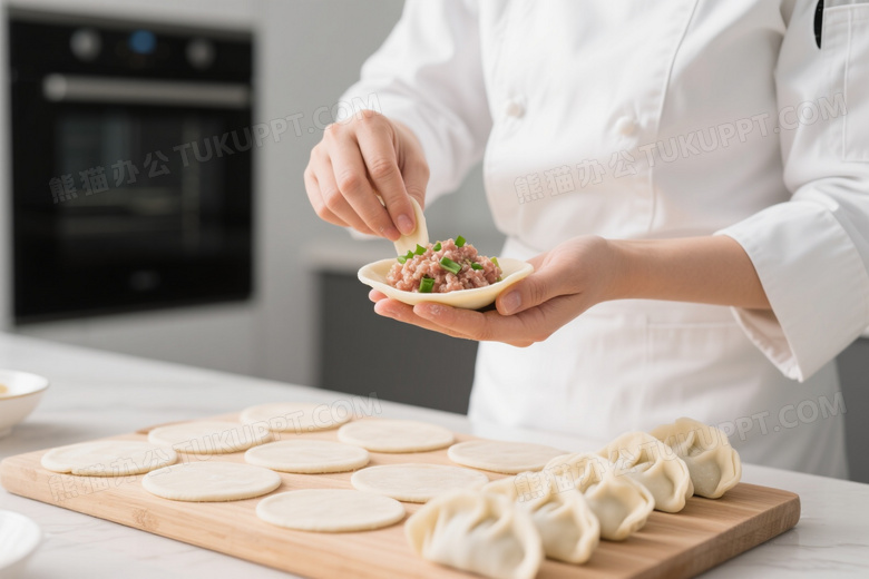 女厨师包制中式饺子特写图片
