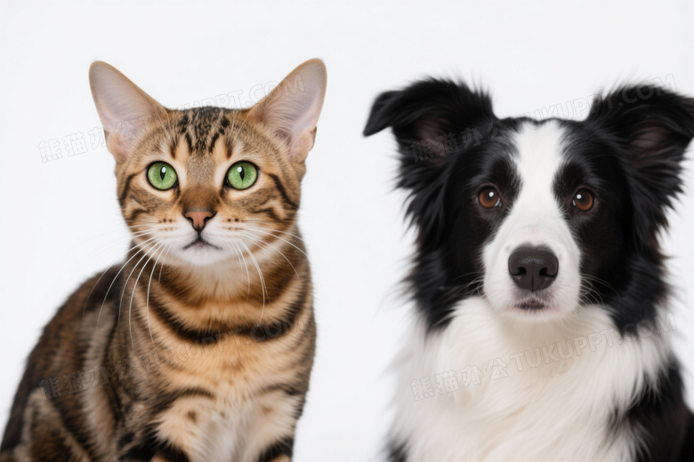 孟加拉猫与边境牧羊犬并坐凝视图片