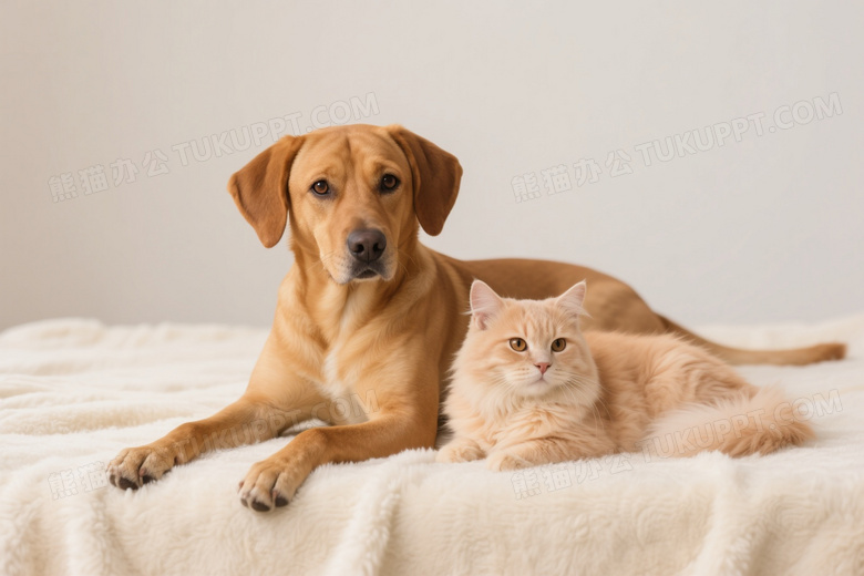 犬猫并卧绒毯柔光图片