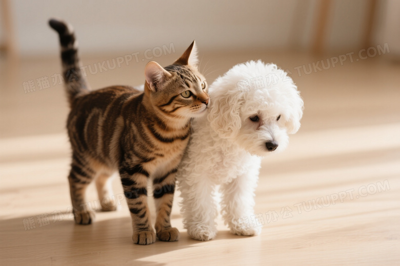 虎斑猫与卷毛犬依偎温馨图片