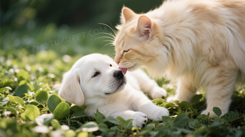 金猫舔舐白犬绿叶丛中图片