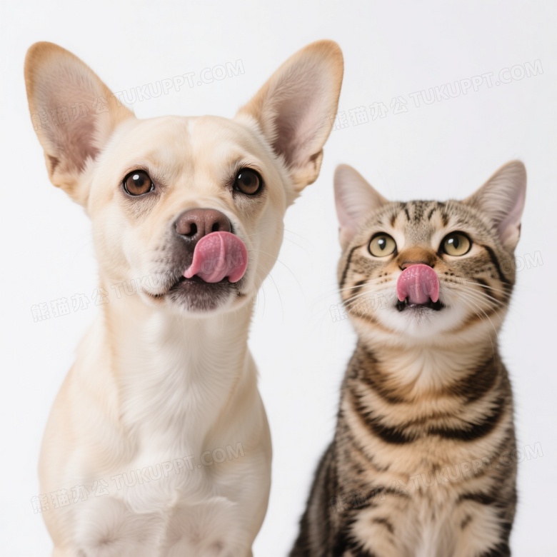 小狗小猫舔鼻对镜特写图片
