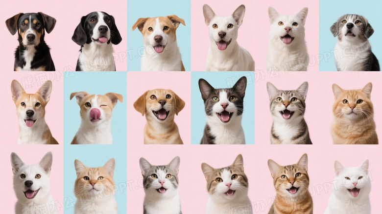 24只犬猫肖像拼贴高清图片