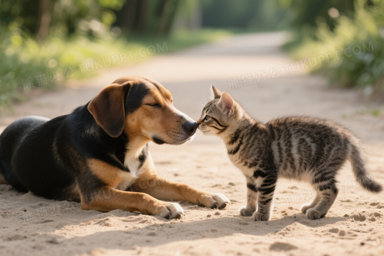 犬猫互动温馨特写图片