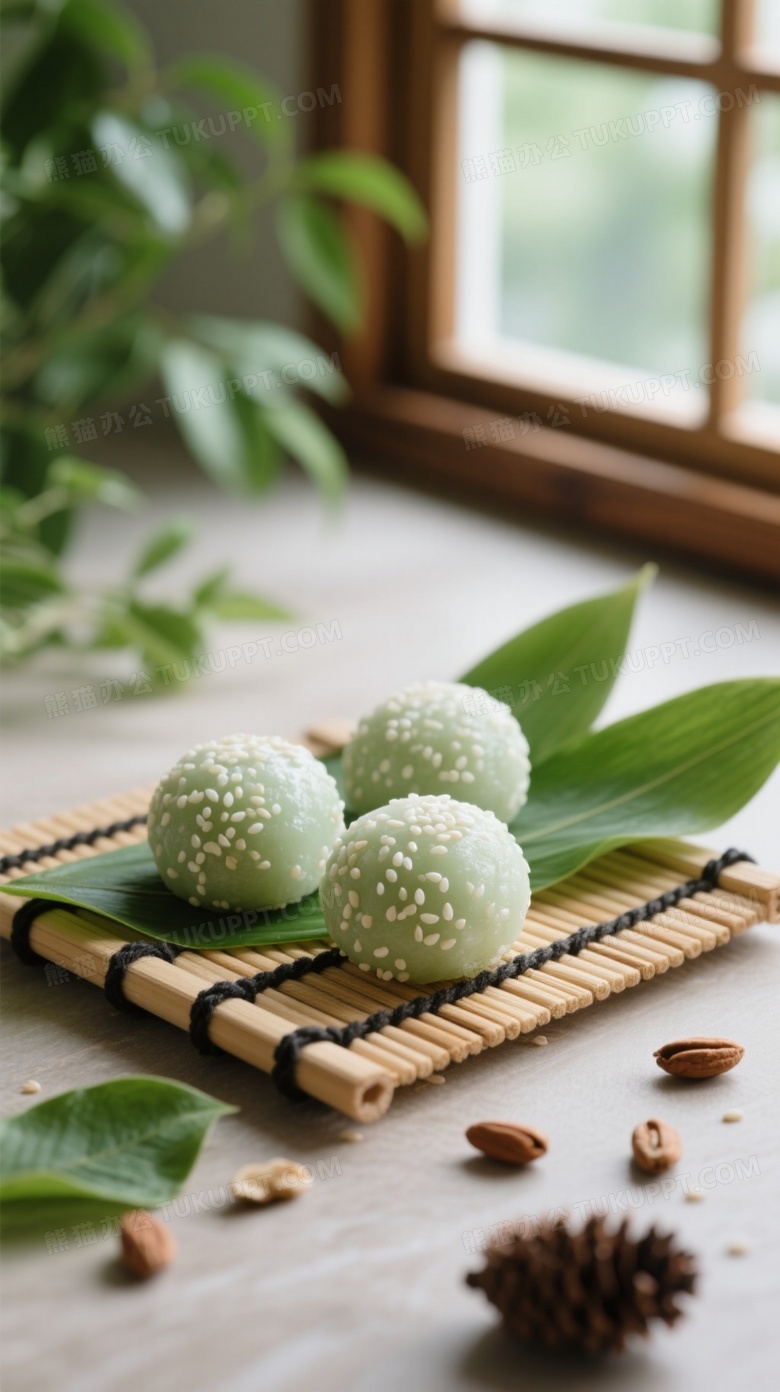 浅绿糯米团子竹垫摆拍图片