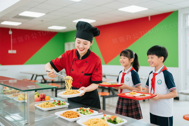 女厨师盛意面学生排队图片
