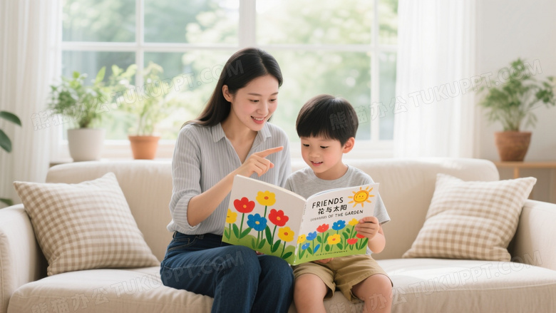 母子共读绘本温馨场景图片