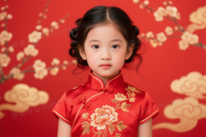 穿红旗袍女孩凝视镜头图片