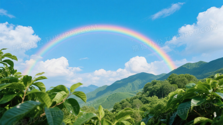 双彩虹横跨蓝天山峦绿植图片