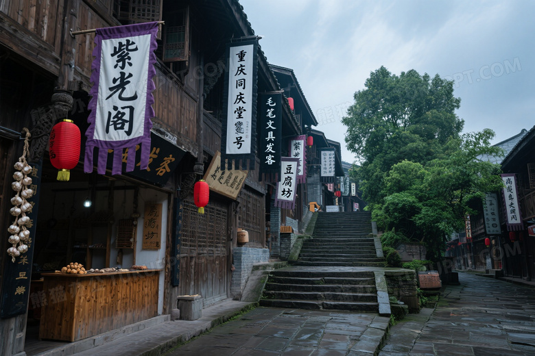 古朴老街招牌灯笼街景图片