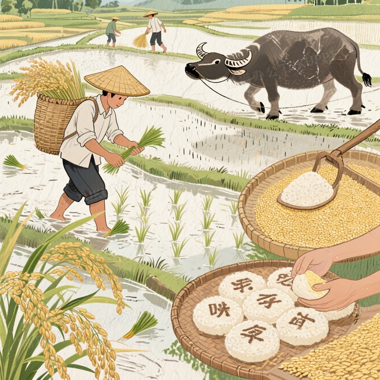 亚洲农民梯田劳作手绘插画图片