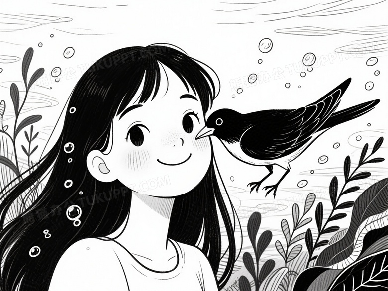 长发少女与黑海鸟水下插画图片