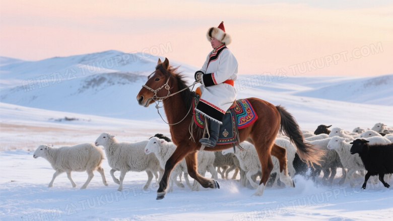 蒙古牧民雪原驱羊侧逆光图片