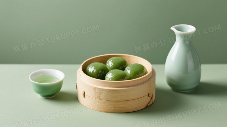 青绿糯米团子茶酒摆拍图片