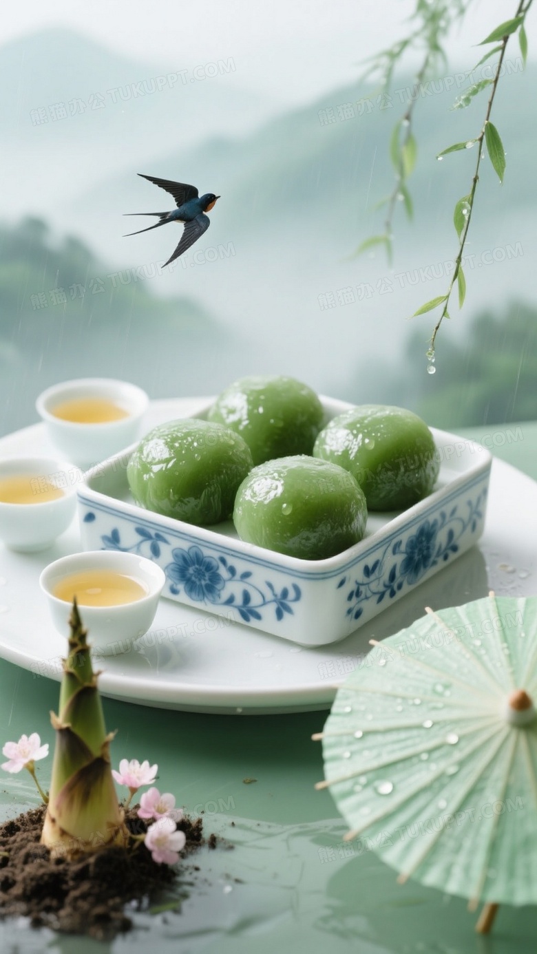 青绿糯米团子春景静物图片