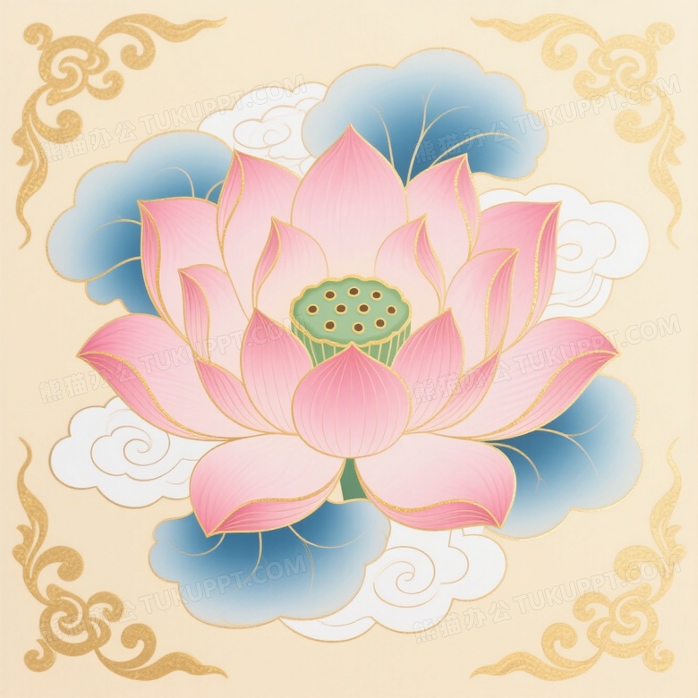 粉色莲花祥云纹饰插画图片