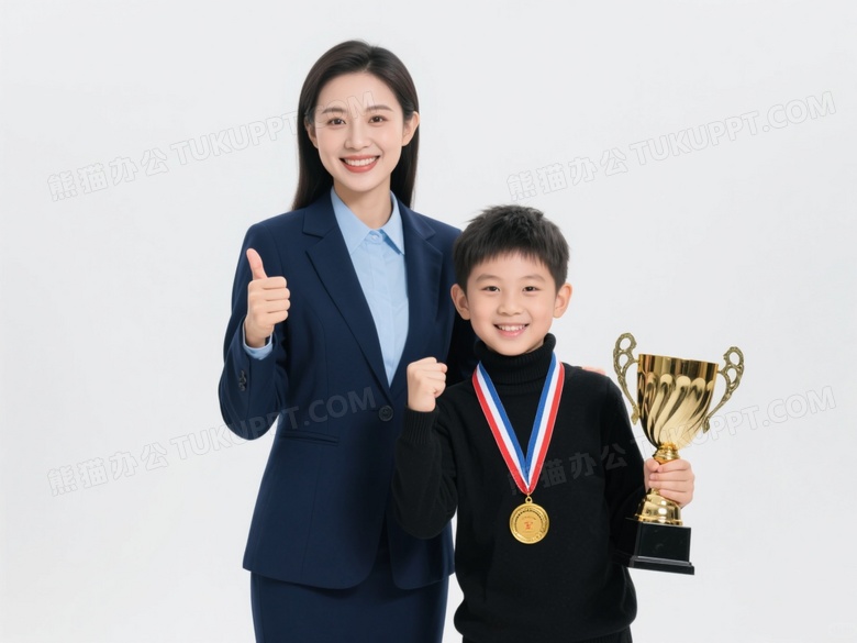 母子获奖庆祝竖拇指图片