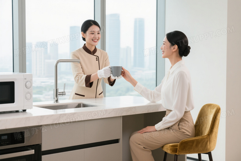 女服务员递杯顾客接杯现代厨房图片