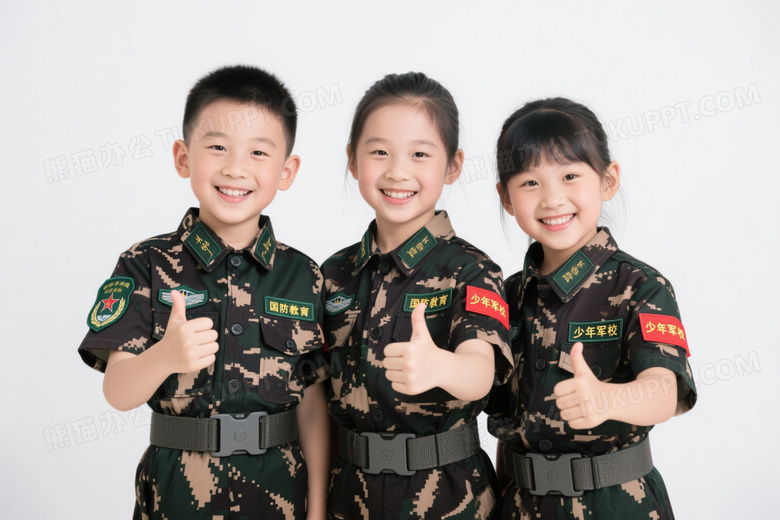 三位儿童穿军装竖拇指图片