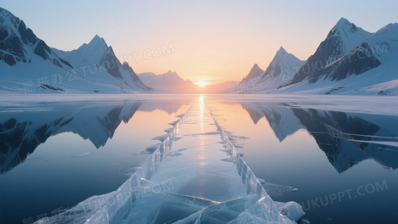 冰封湖面透明冰道日出倒影图片