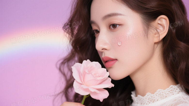 亚洲女性持花轻触唇边柔光图片