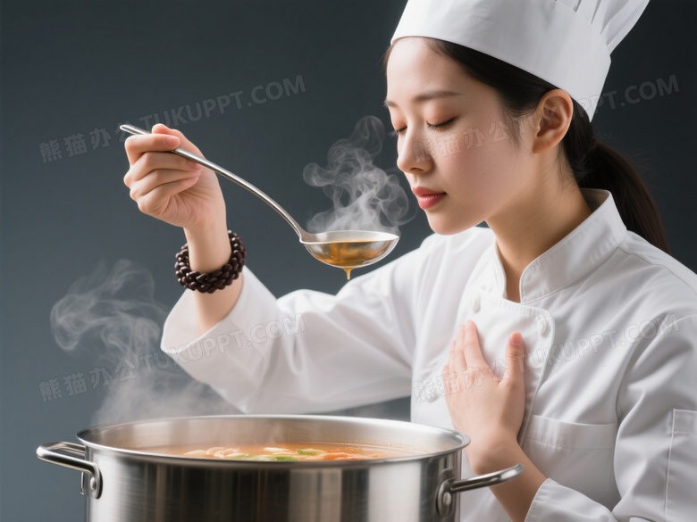 女厨师闭眼品汤特写图片
